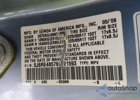 2008 Honda Cr-V Ex z USA, uszkodzony, nr VIN 5J6RE48578L021593